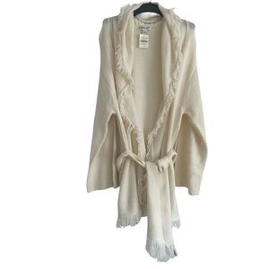 NWT Coldwater Creek Cream Fringe Open Front Soft Knit Cardigan with Belt